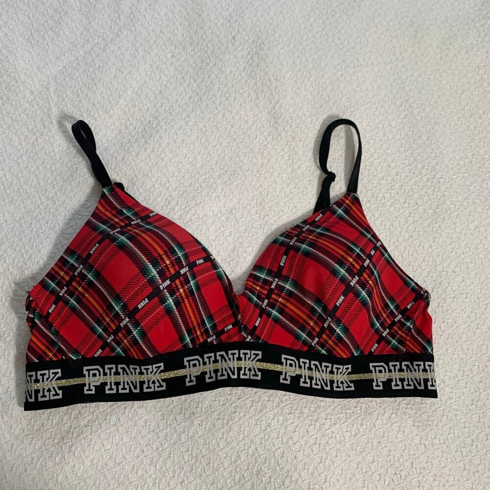 PINK Victoria's Secret Bralette Women 36B Red Plaid Wireless‎ Glitter Logo Band